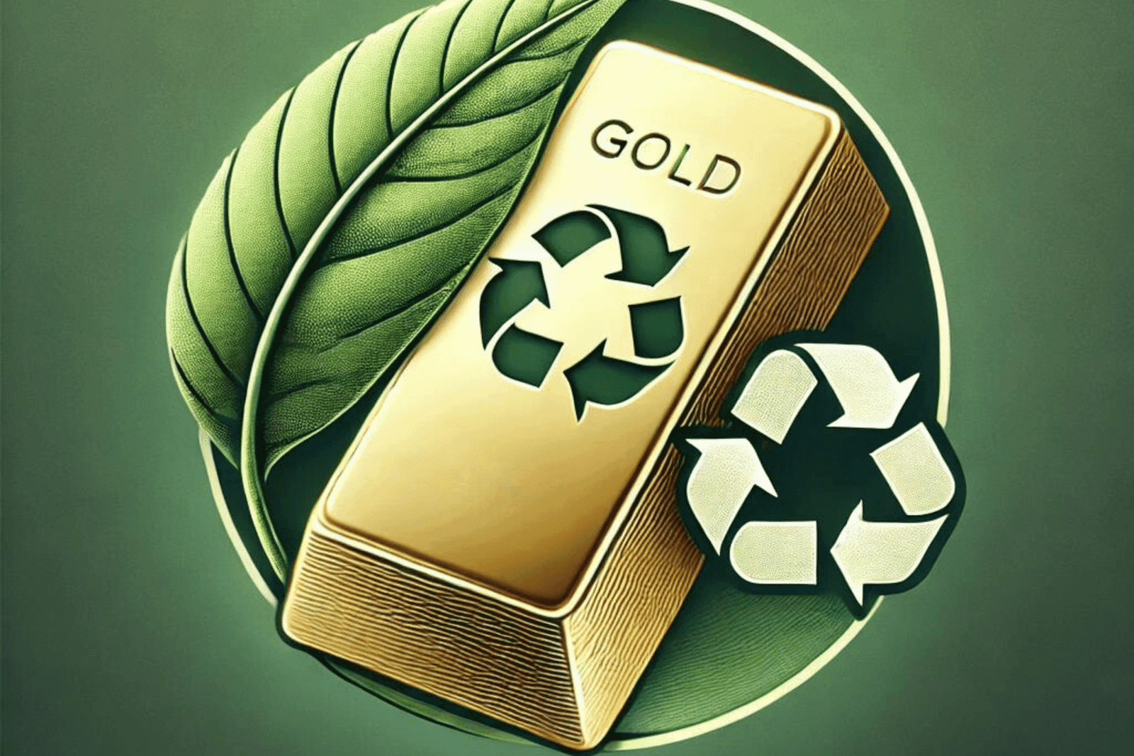 Gold bar partially wrapped with a vibrant green leaf, set against a soft green gradient background with subtle sustainability symbols