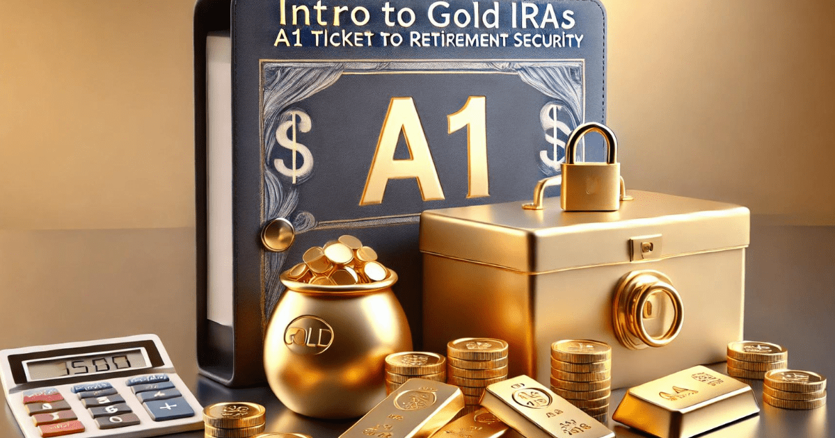 A professional and inviting image designed to represent 'Intro to Gold IRAs: A1 Ticket to Retirement Security.' The image features gold coins or bars placed next to a retirement savings folder or a secure lockbox, symbolizing security in retirement. In the background, a smooth ticket-like design with the label 'A1' subtly blends into the scene, representing the concept of a top-tier or premium investment strategy. The overall design is sleek and modern, with soft colors conveying trust, stability, and long-term security in a Gold IRA as a retirement investment.