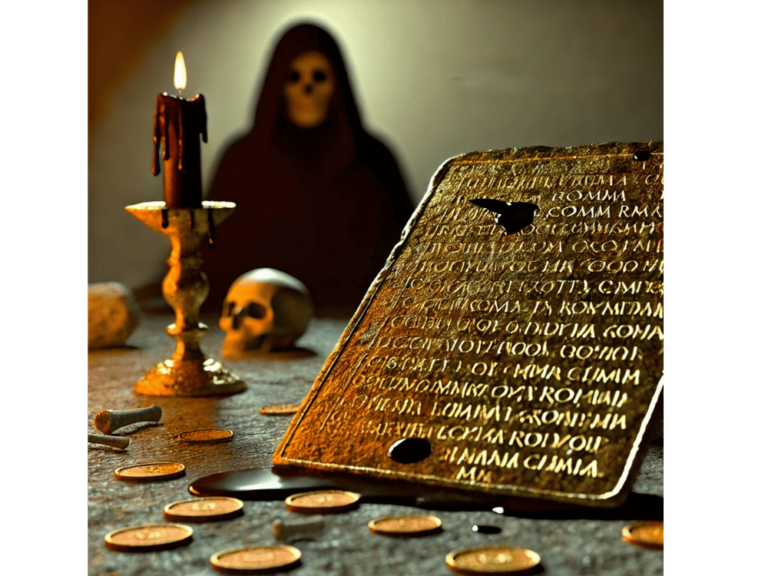 An ancient gold Roman curse tablet, engraved with intricate Latin inscriptions, lying on a rough stone surface with scattered Roman coins, bones, and dark candle wax drippings. The scene has a warm, dim light, evoking a mysterious, ritualistic atmosphere.