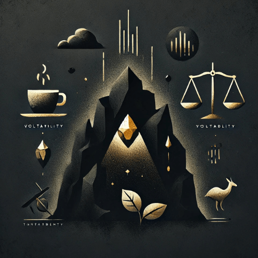 Dark-themed minimalist illustration of the risks and challenges in gold mining investments, featuring a shadowy mountain with a faintly glowing gold nugget at its core, accompanied by symbols of volatility, instability, and environmental impact.