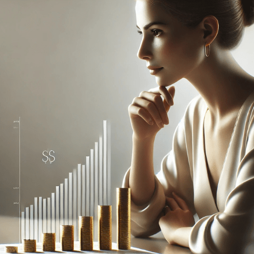 A woman in a calm, contemplative mood, considering a financial decision about investing in gold mining stocks, seated at a table with subtle gold investment hints.