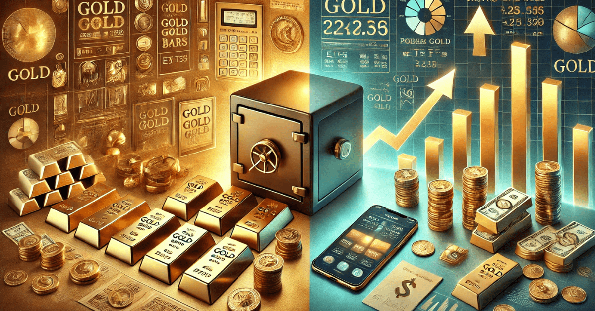 A split-screen visual contrasting physical gold and paper gold investments. The left side showcases gleaming gold bars, coins, and historical artifacts in a secure display, while the right side features financial documents, stock certificates, and a smartphone displaying gold trading data, with charts indicating rising trends. The background transitions from deep gold on the left to cool blue and green on the right, symbolizing the shift from tangible to digital investments.