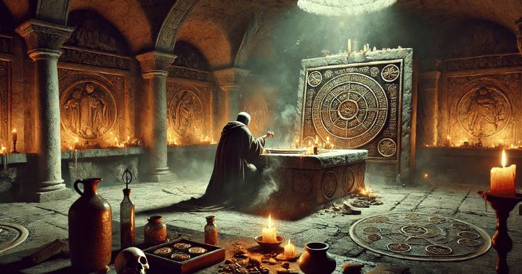 A dimly lit underground chamber in an ancient Roman temple, with a stone altar at the center illuminated by flickering oil lamps. On the altar, several small golden tablets gleam in the soft light, each intricately etched with tiny Latin or Greek letters, some written backwards. A robed figure hunches over the altar, carefully inscribing a new curse onto one of the golden tablets using a sharp stylus. In the foreground, various magical ingredients are scattered—herbs, bones, and small clay figurines. Wisps of incense smoke curl through the air, creating an otherworldly atmosphere. The walls are adorned with faded frescoes depicting Roman gods and mystical symbols. To one side, a nervous-looking Roman citizen waits their turn, clutching a small pouch—likely payment for the curse-writer's services. In the background, shadowy alcoves hold urns and other ritual objects, hinting at the chamber's use for various magical practices. The overall scene blends elements of official Roman religion with darker occult practices, capturing the complex spiritual landscape in which these golden curse tablets operated. The mood is one of secrecy, desperation, and invocation of both celestial and infernal powers.