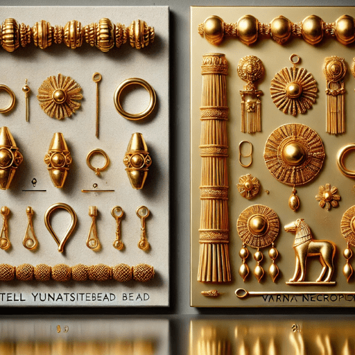 Side-by-side comparison of the Tell Yunatsite bead and more elaborate Varna Necropolis gold artifacts.