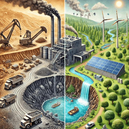 A large-scale gold mine showing contrasting sides: on the left, environmental destruction with a barren open pit, heavy machinery, and polluted water; on the right, modern sustainable solutions with reclaimed greenery, solar panels, and wind turbines.