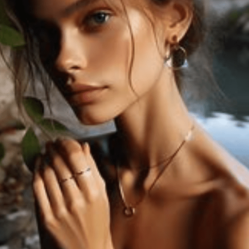 Elegant lifestyle photo of model wearing minimalist recycled gold jewelry against a natural backdrop. Soft lighting, earth tones, with subtle environmental elements like leaves or water in background.