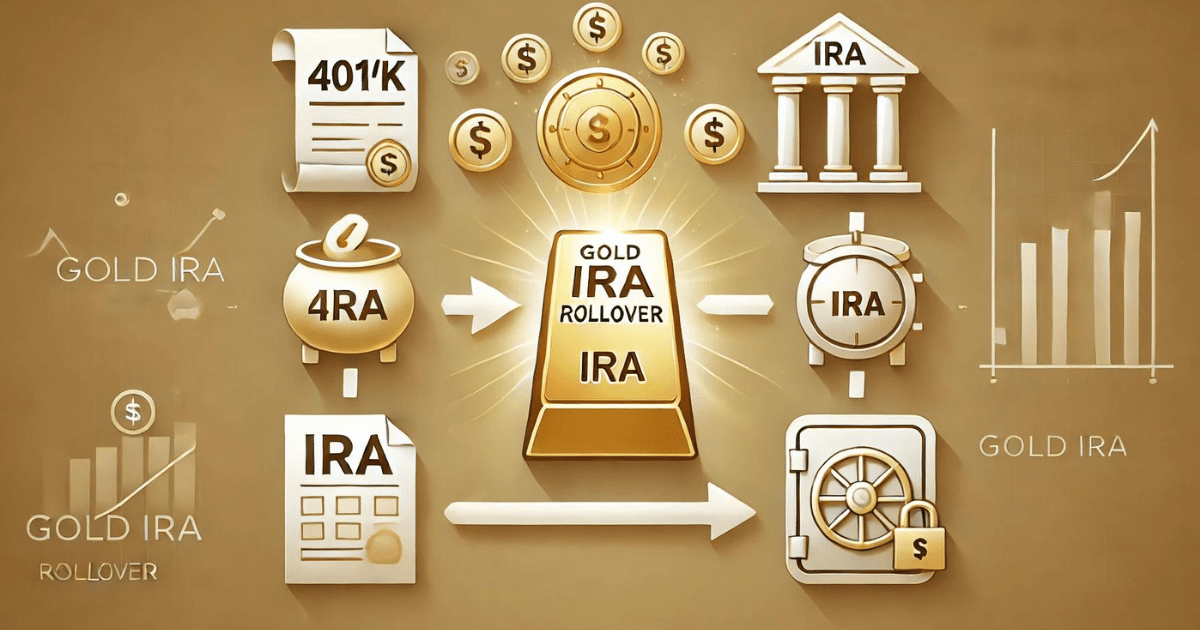 A clear and professional image illustrating the concept of a Gold IRA rollover. On the left side, show simplified icons of traditional retirement accounts such as a 401(k) and IRA, represented by documents or account symbols. Use an arrow to move these towards a large, glowing gold coin or gold bar in the center, symbolizing a Gold IRA. Further to the right, show a secure vault or lock symbol representing the safe storage of gold. The design should be simple, with clean lines and neutral beige or light gold tones for the background, emphasizing security and financial trust.