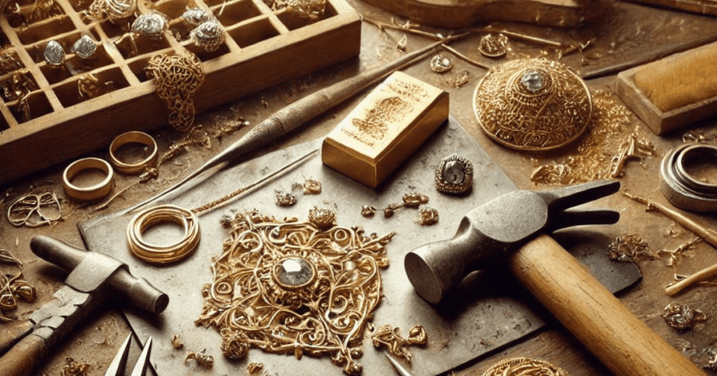 A goldsmith's workbench with tools, unfinished pieces, and raw materials, capturing the craft of jewelry making. The workbench is cluttered with various tools such as hammers, pliers, and files, alongside pieces of raw gold and unfinished jewelry. There are detailed engravings, gemstones, and delicate components spread across the surface. The scene highlights the intricate and meticulous nature of the goldsmith's craft, with a warm and inviting atmosphere that emphasizes the artistry involved in creating fine jewelry.