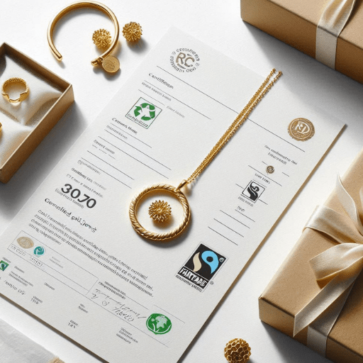 Repurposed Gold Certifications")
"Certification Showcase"
Prompt: "Professional flat-lay composition of recycled gold jewelry pieces with certification documents and sustainable packaging. Include RJC and Fairtrade logos. Clean white background with subtle shadows."
Location: After listing the key certifications to look for
Purpose: Visualizes the importance of proper certification and standards.