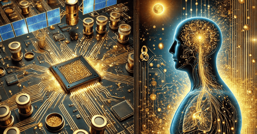 An illustration showing the use of gold in modern technology, including applications in circuit boards, medical devices, and satellite components.