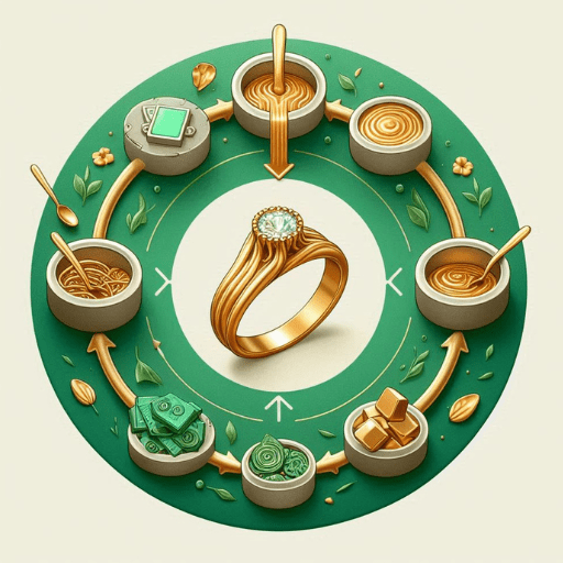 A circular flow diagram showing old gold jewelry, electronic components, and dental gold flowing into a melting crucible, transforming into a beautiful new ring with a sustainable green aura around it. Clean, minimal style with gold and earth tones