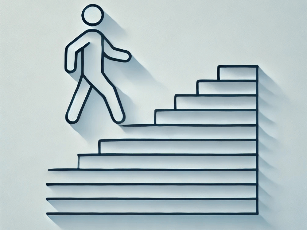 Minimalistic illustration of a figure walking up a flight of stairs, symbolizing a learning journey.