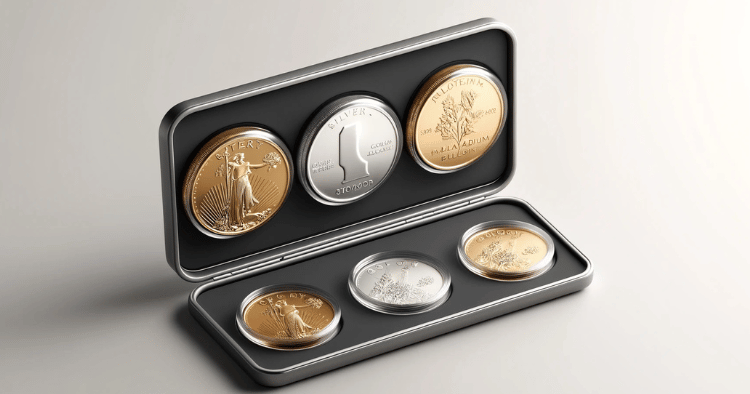 A minimalist, life-like image featuring four collectible coins in protective cases, one for each precious metal: gold, silver, platinum, and palladium bullion. The coins are neatly displayed in a professional manner, with a clean, neutral background to emphasize their distinct metallic colors and investment value.