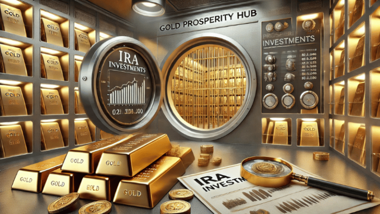 A secure vault filled with neatly stacked gold bars and coins, with a magnifying glass focusing on a stack of documents labeled 'IRA Investments.' The scene conveys trust and professionalism, enhanced by warm lighting and sleek metallic vault design. Subtle charts and graphs are visible on monitors in the background, reflecting financial analysis. The logo 'Gold Prosperity Hub' is integrated into the vault's design.