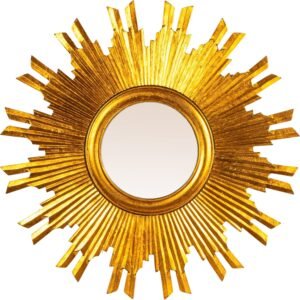 Gold sunburst wall mirror with intricate gilded wood frame, circular design radiating elegant rays, 35.5 inches in diameter.