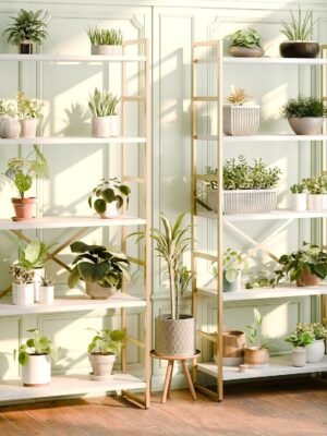 2 Modern gold bookshelf with five white shelves, displaying books, decor items, and plants, placed in a stylish living room with natural light.