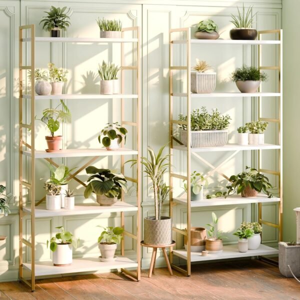 2 Modern gold bookshelf with five white shelves, displaying books, decor items, and plants, placed in a stylish living room with natural light.