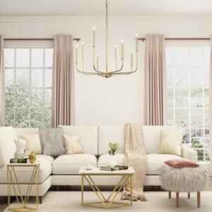 Elegant gold chandelier with 8 candle-style lights, featuring a modern design, perfect for enhancing dining rooms, bedrooms, and living spaces. 32