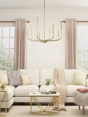 Elegant gold chandelier with 8 candle-style lights, featuring a modern design, perfect for enhancing dining rooms, bedrooms, and living spaces. 32