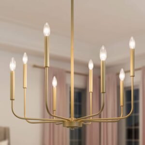 Elegant gold chandelier with 8 candle-style lights, featuring a modern design, perfect for enhancing dining rooms, bedrooms, and living spaces.