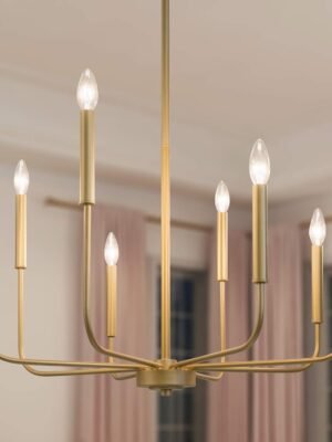 Elegant gold chandelier with 8 candle-style lights, featuring a modern design, perfect for enhancing dining rooms, bedrooms, and living spaces.