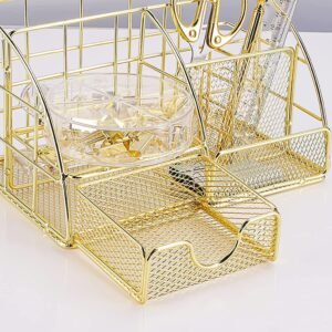 Gold desk organizer set with a pen holder, phone stand, and multiple compartments holding stationery, notebooks, and an iPad, accompanied by 72 clips and push pins. #3