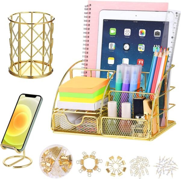 Gold desk organizer set with a pen holder, phone stand, and multiple compartments holding stationery, notebooks, and an iPad, accompanied by 72 clips and push pins.