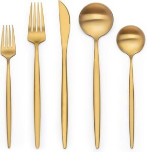 Set of elegant gold flatware including a dinner fork, salad fork, knife, tablespoon, and teaspoon, featuring a sleek modern design with a satin finish.