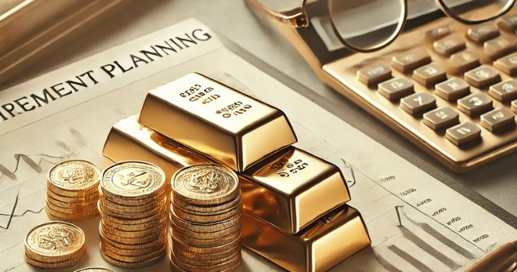 Stack of gold coins and bars next to an investment chart and calculator, representing financial planning for Gold IRA vs. Traditional IRA.