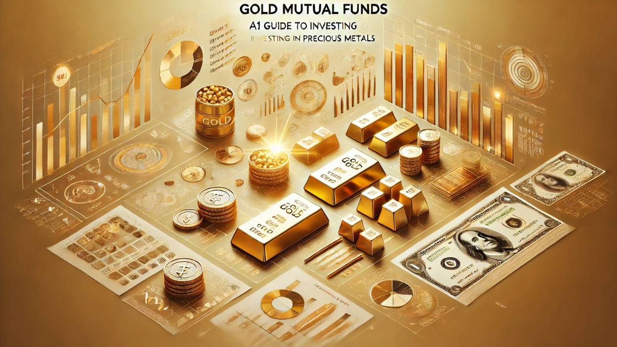 An informative and visually appealing image of gold mutual funds, depicting a professional layout with elements representing investment in precious metals. Include visuals of gold bars, coins, and financial documents, like charts or graphs, to imply growth and stability. Background with warm tones, symbolizing wealth and prosperity, while keeping it clean and modern. The title text 'Gold Mutual Funds: A1 Guide to Investing in Precious Metals' should be displayed clearly at the top or bottom in a professional font.