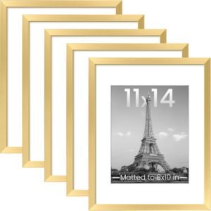 Set of four gold picture frames with a sleek, modern design, showcasing an 11x14 frame matted to fit an 8x10 photo, perfect for home or office decor.