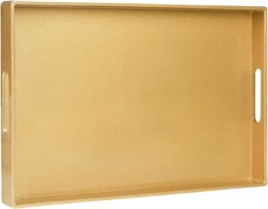 Rectangular gold serving tray with a smooth, glossy finish and built-in side handles, perfect for serving, organizing, or decorating any space.