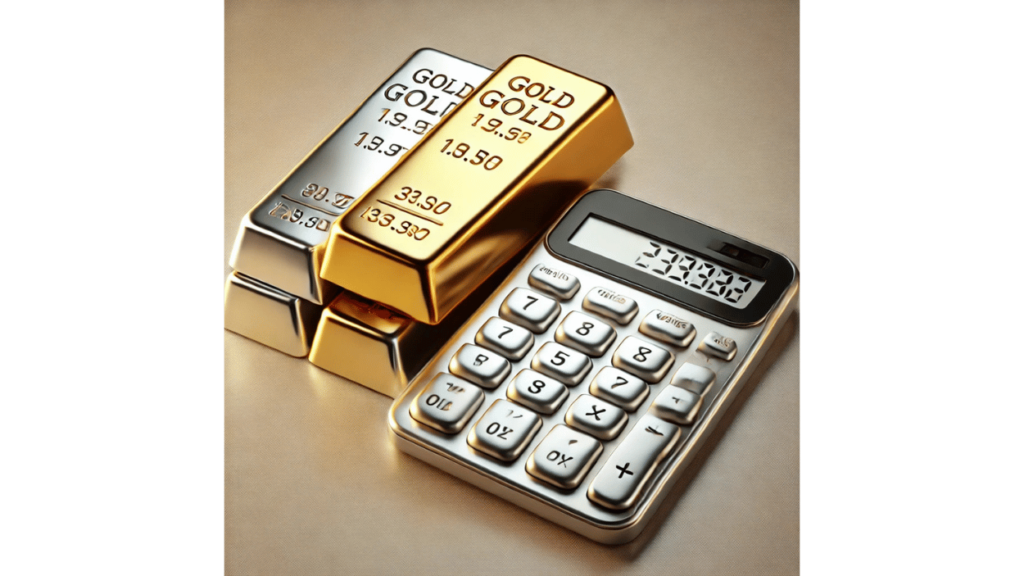 A modern calculator placed next to polished gold and silver bars on a neutral background, symbolizing financial calculations and investment in precious metals.