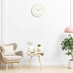 Elegant 12-inch gold wall clock with a white face, gold numbers, and silent quartz movement, ideal for modern home or office decor. #2