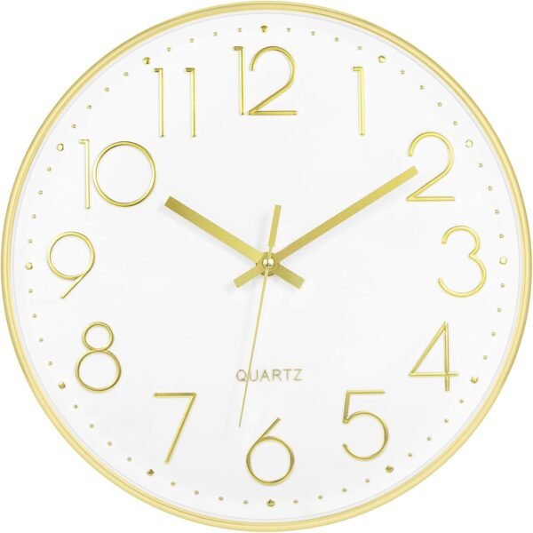 Elegant 12-inch gold wall clock with a white face, gold numbers, and silent quartz movement, ideal for modern home or office decor.