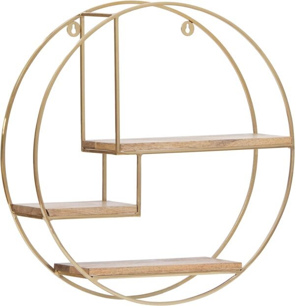 MH London Round Gold Shelf with a bronze metal frame and three wooden shelves, designed for displaying decor, plants, or books in a modern and stylish way.