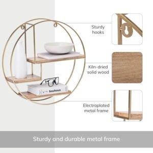 MH London Round Gold Shelf with a bronze metal frame and three wooden shelves, designed for displaying decor, plants, or books in a modern and stylish way. Sturdy & durable metal frame!