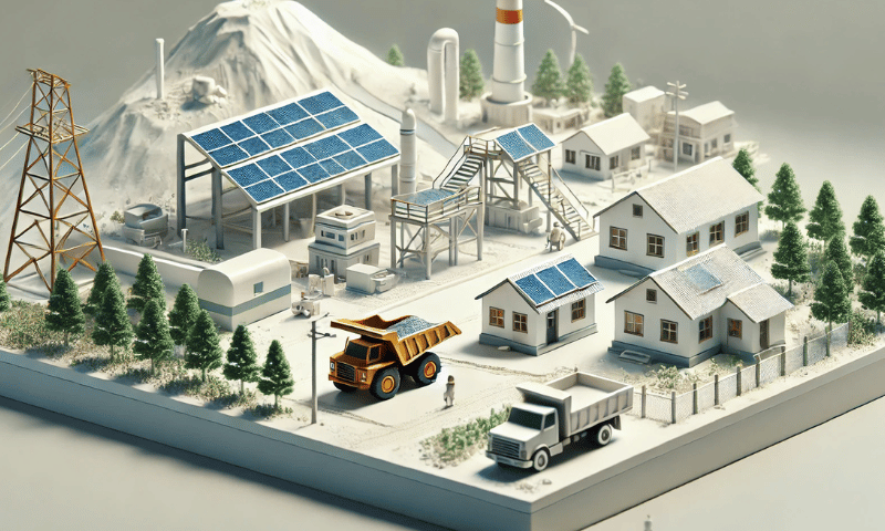 A minimalist depiction of a junior mining operation with solar panels and a small community nearby, featuring simple structures like a school and clinic, symbolizing sustainable development and local impact.