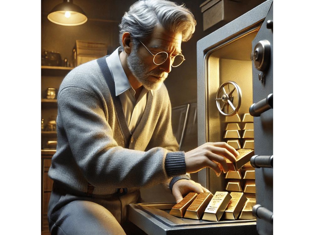 An older gentleman examining gold bars in a secure vault, symbolizing wealth preservation, portfolio diversification, and the trusted leadership of Birch Gold Retirement Solutions: Secure Your Future with a Gold-Backed IRA  for financial stability.