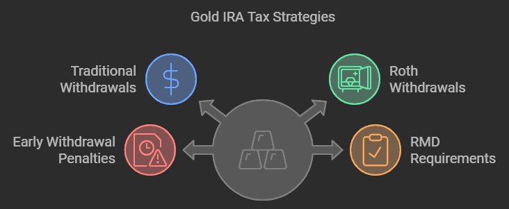 An infographic explainer for Tax Implications Understanding tax implications helps avoid costly mistakes. Key Tax Considerations: Traditional Gold IRA withdrawals taxed as ordinary income Roth Gold IRA qualified withdrawals are tax-free Early withdrawal penalties before age 59½ RMD requirements for traditional IRAs