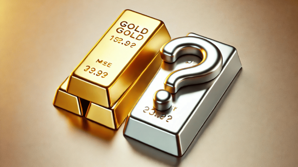 A wide image featuring a gold bar and a silver bar side by side on a neutral background, with a large question mark hovering above them, symbolizing investment decisions in gold-silver ratio investing.