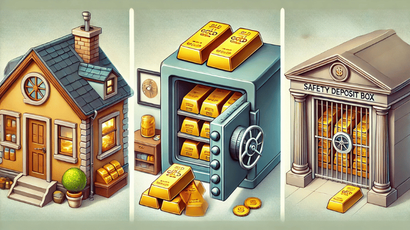 Illustration of three gold storage options: a home safe, a bank safety deposit box, and a professional vault, each securely holding gold bars and coins.