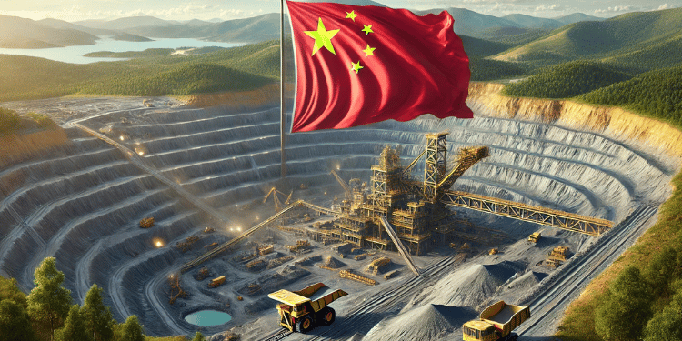 Chinese flag hovering above a large gold mine with excavation equipment and green hills in the background.