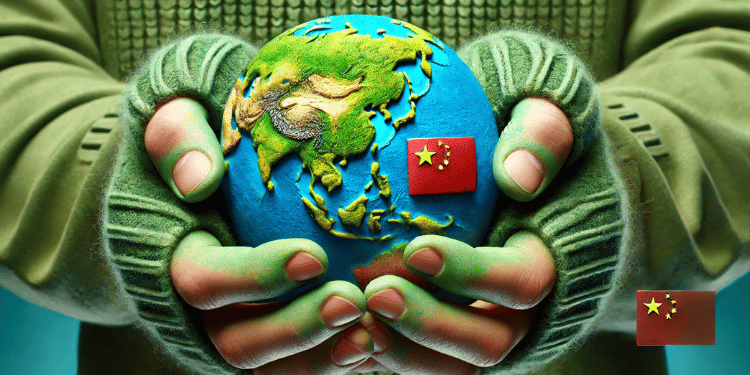 Hands wearing green sleeves carefully holding a textured globe with vibrant blue oceans and green continents, featuring China's national flag subtly integrated over Asia. Set against a smooth green background, symbolizing global responsibility, sustainability, and environmental care.