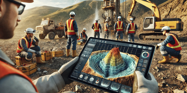 Geologists in the field using a digital tablet to analyze a 3D geological map, with drilling equipment and rugged outdoor terrain in the background.