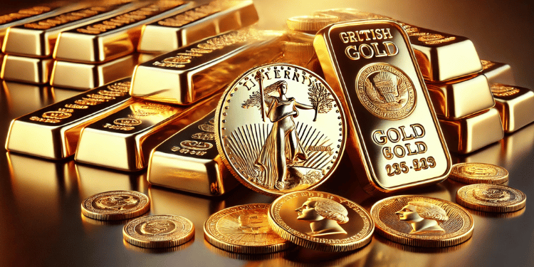 Vibrant depiction of Genius Gold Investment Strategies featuring gold bars and popular bullion coins like the American Eagle and British Sovereign, elegantly arranged on a reflective surface, highlighting physical gold as a timeless investment choice.