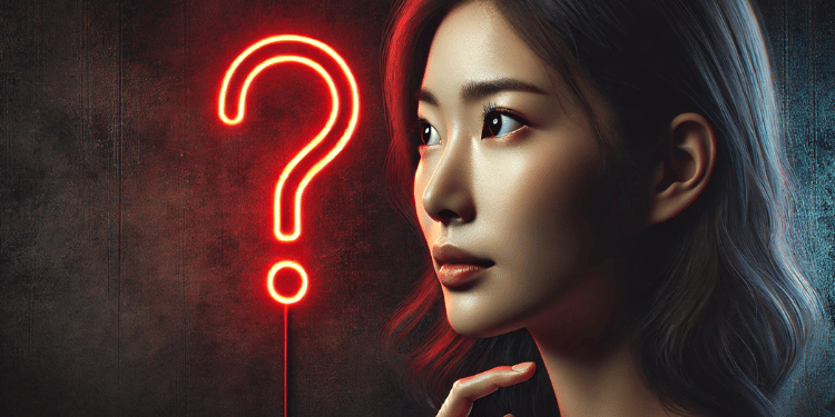 An Asian woman with a thoughtful expression, illuminated by a glowing red neon question mark against a dark, textured background. The image conveys curiosity and introspection in a 16:9 aspect ratio.