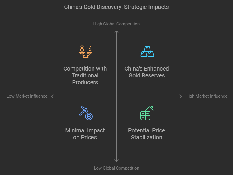 Infographic analyzing the economic and global impact of China's 2024 gold discovery, emphasizing over 1,000 metric tons of gold and its implications for the gold industry and global economy. Highlights include a boost to China's gold reserves, comparisons to global gold production, and potential effects on gold prices and market dynamics, positioning China as a major influencer in future gold trading and pricing.
