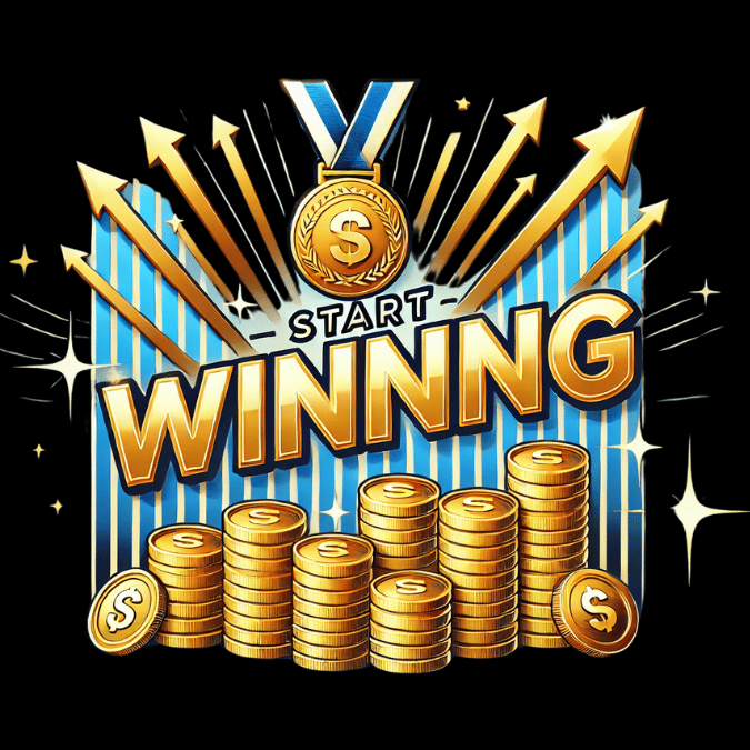 Golden medal with a dollar sign at the center, surrounded by stacks of gold coins and upward-pointing arrows, symbolizing success and financial growth. The bold text 'Start Winning' is displayed prominently, set against a vibrant blue and gold background with shining accents to inspire motivation and progress.
