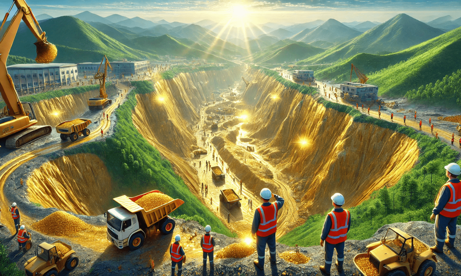 Realistic depiction of China's largest gold discovery in 2024 at the Wangu goldfield, Pingjiang County, Hunan Province. Features a vast excavation site with glimmering gold veins, workers in safety gear, industrial machinery, and lush green mountainous surroundings, symbolizing the historic $83 billion gold find.